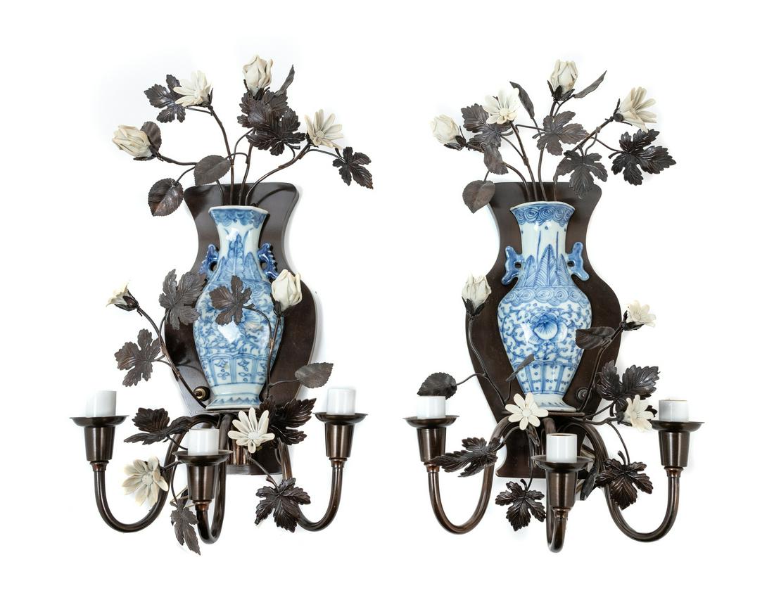 A Pair of Chinese Blue and White Porcelain Wall Vases  (1 of 1)