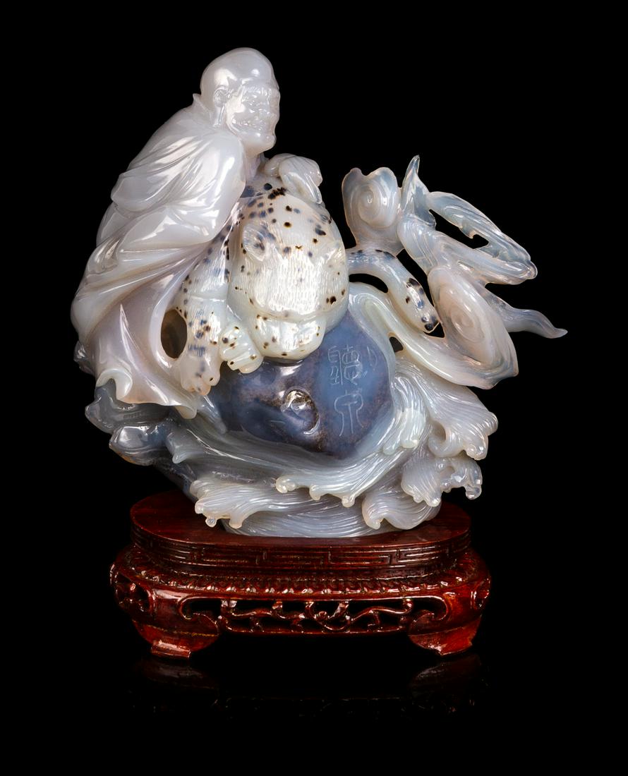 A Chinese Carved Agate Figural Group  Height 5 3/4 in., (1 of 1)