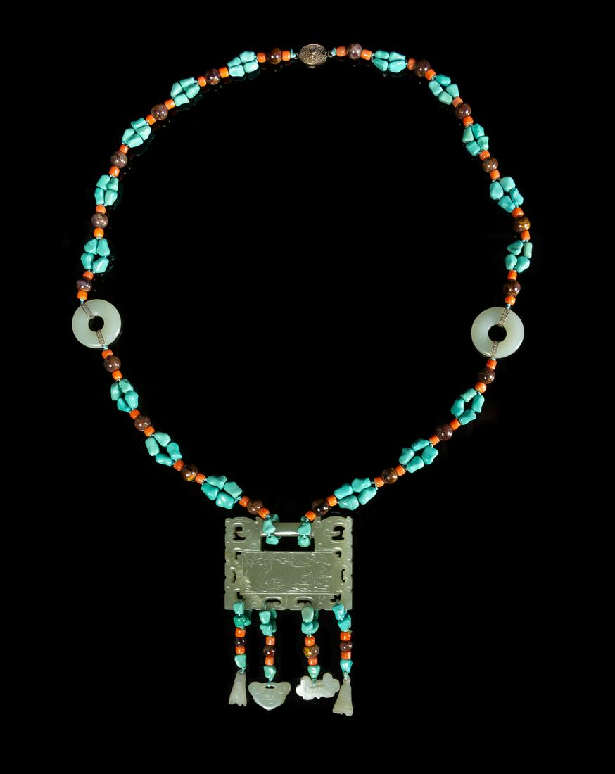 A Chinese Pale Celadon Jade and Hardstone Necklace (1 of 1)