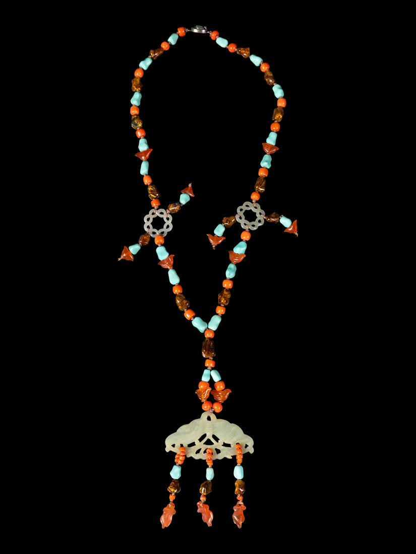 A Chinese Pale Celadon Jade and Hardstone Necklace (1 of 1)