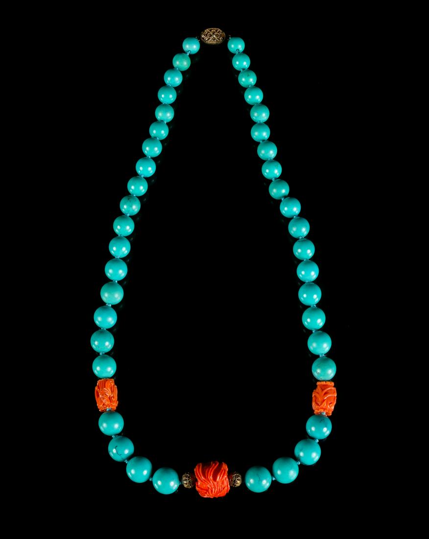 A Chinese Turquoise and Coral Beaded Necklace Length 12 (1 of 1)