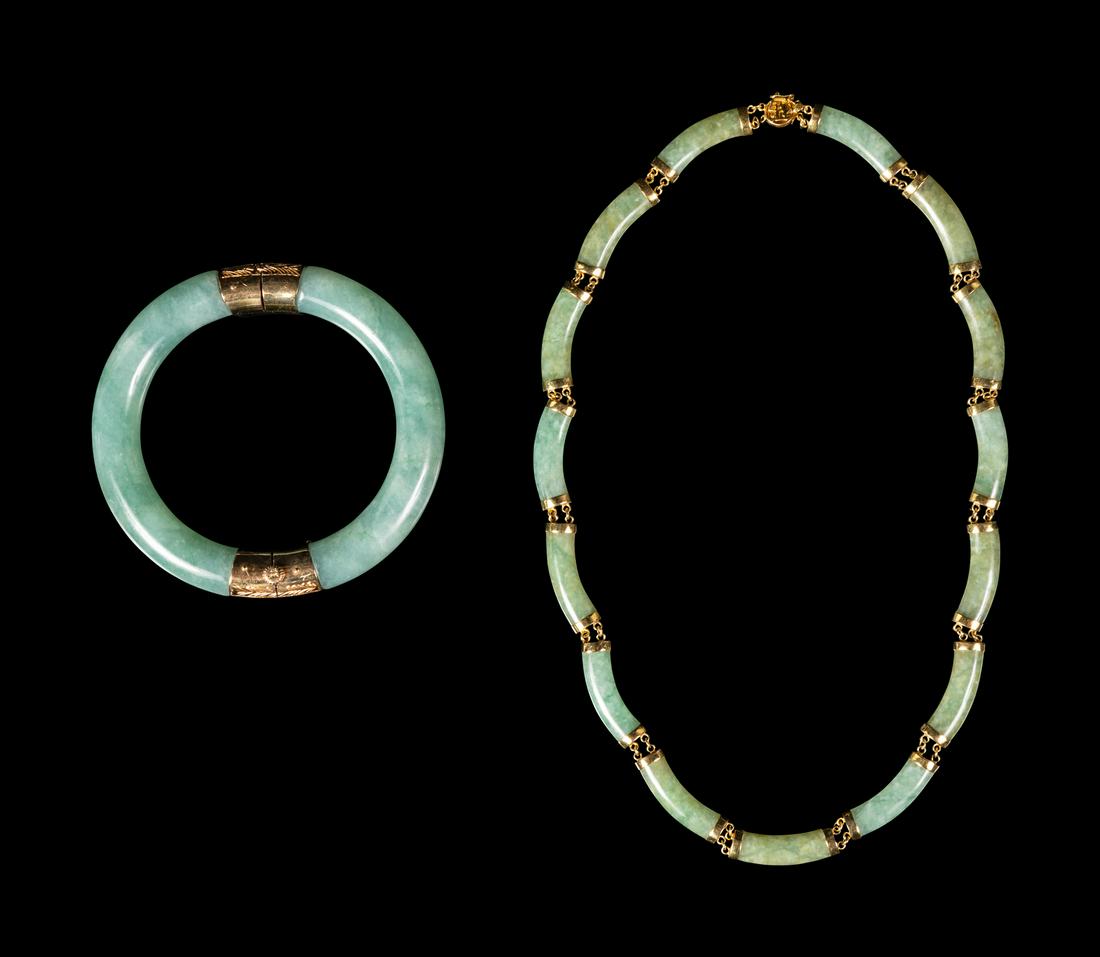 A Chinese Green Jadeite Necklace and Bracelet Bangle: (1 of 1)