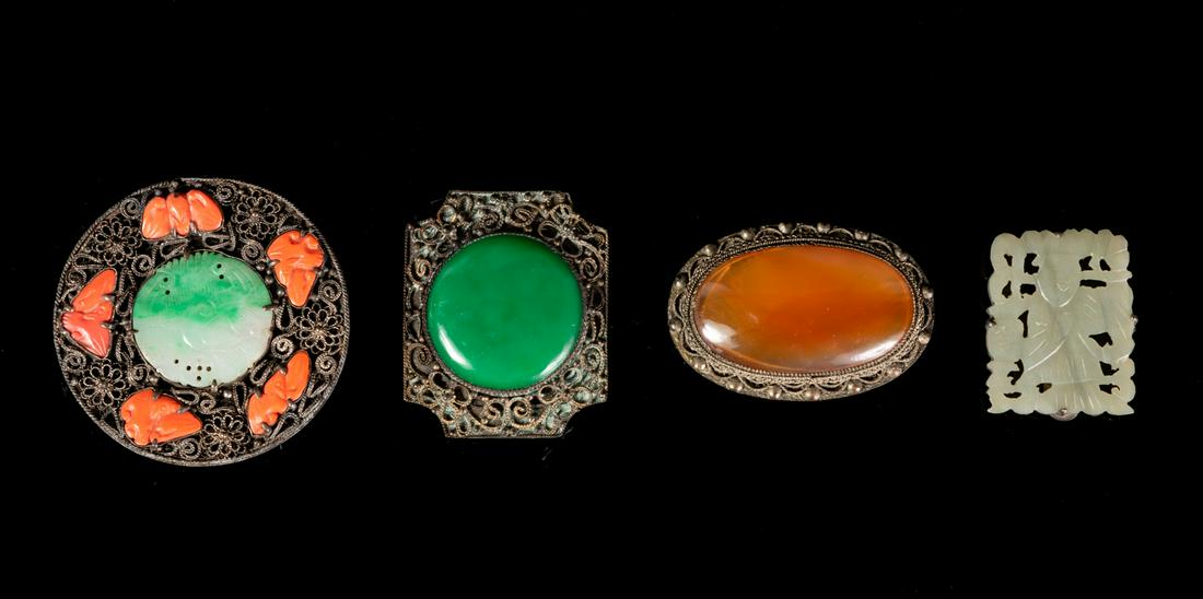 Four Chinese Hardstone Inset Silver Tie Clips Largest: (1 of 1)