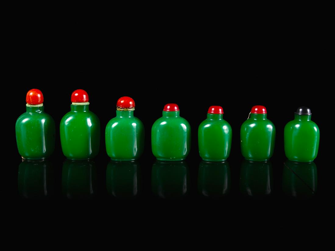 Seven Chinese Green Glass Snuff Bottles Tallest: height (1 of 1)