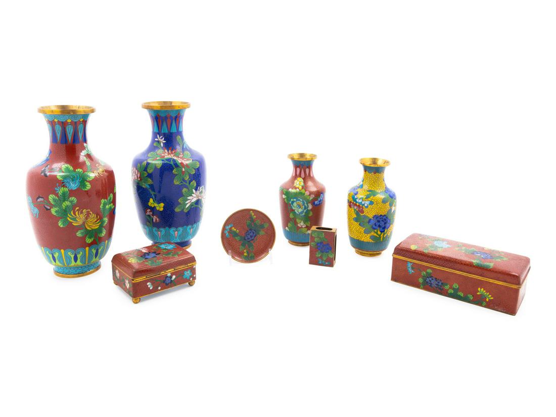 Eight Chinese Cloisonne Enamel Articles Largest: height (1 of 1)