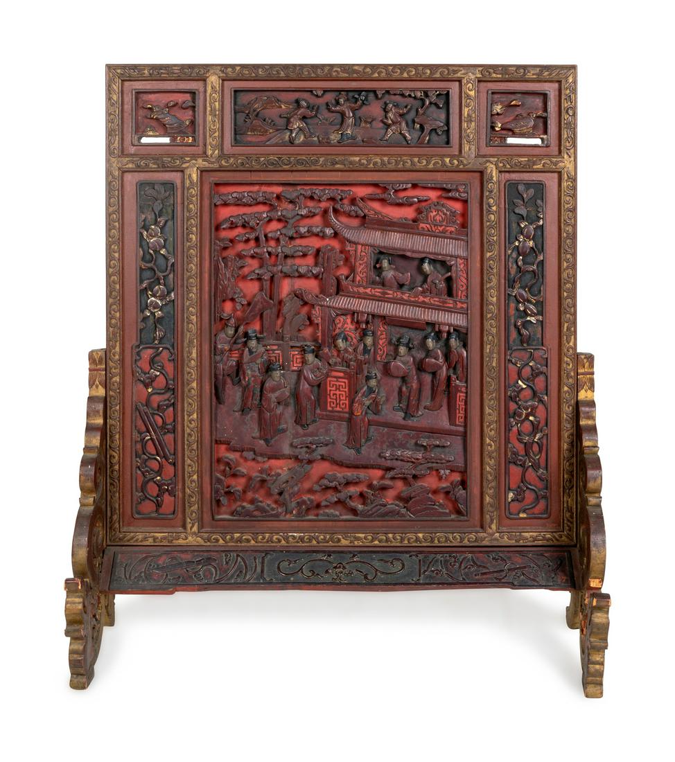 A Large Chinese Carved Red Lacquer Wood Table Screen (1 of 1)