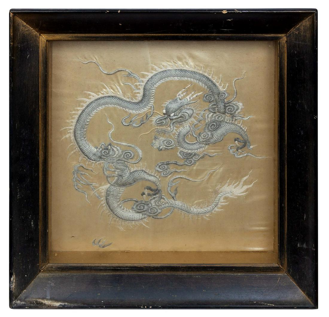 A Pair of Chinese Beige Ground Embroidered Silk Panels (1 of 2)