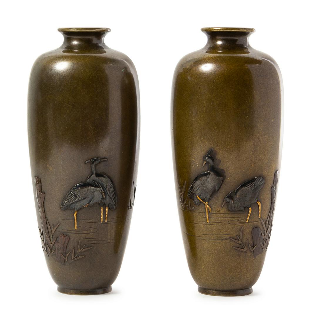 A Pair of Japanese Mixed Metal Vases Height 6 in., 15.2 (1 of 1)