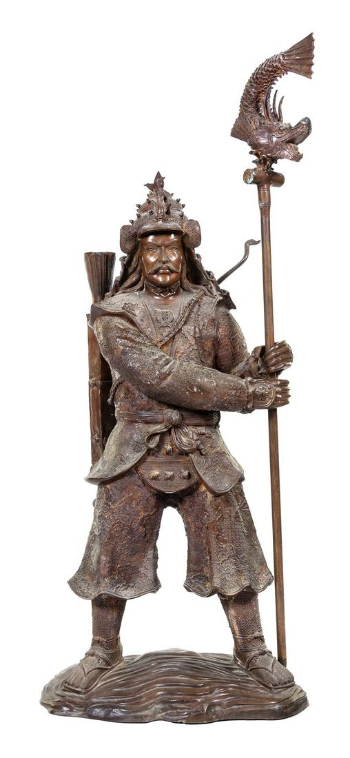 A Large Japanese Bronze Figure of a Samurai Height 58: A Large Japanese Bronze Figure of a Samurai 20TH CENTURY the figure depicted standing, bearing a weapon in both hands, dressed in a full armor. Height 58 in., 147.3 cm. Property from the Estate of