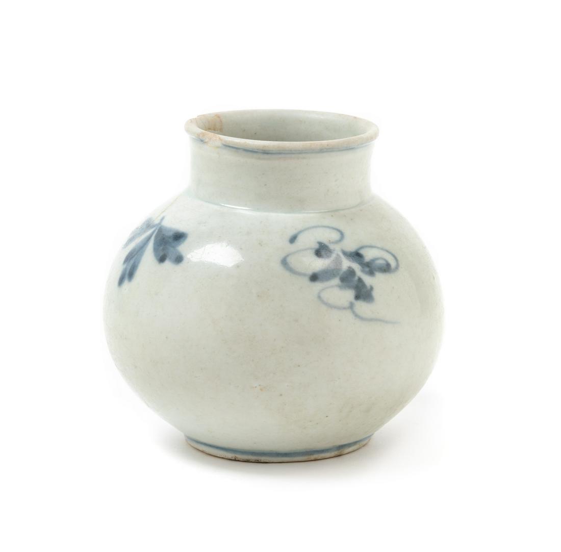 A Small Korean Blue and White Porcelain Jar Height 4: A Small Korean Blue and White Porcelain Jar 19TH CENTURY the globular body raised to a short upright neck, with foliate decoration and bands of color at the foot and mouth rim, covered in a thin gloss