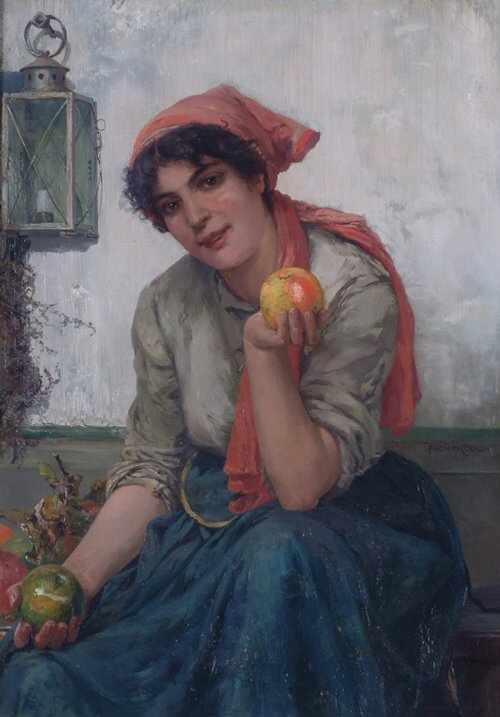 ERNEST ALBERT (FISCHER - CORLIN) FISCHE: ERNEST ALBERT (FISCHER - CORLIN) FISCHER (German 1853-1932) MAIDEN WITH APPLES signed "Fischer = Coerlin" bottom center right, oil on canvas 39 5/8 x 28 in. (100.6 x 71.1 cm).