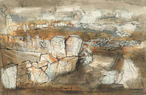 JOHN PIPER (British 1903-1992) "FIELD R: JOHN PIPER (British 1903-1992) "FIELD ROAD AT WESTON, PORTLAND" signed, "John Piper" bottom right, watercolor, ink and wax crayon 14 x 21 in. (35.6 x 53.3 cm). Executed in 1954. Provenance: Ernest Bro