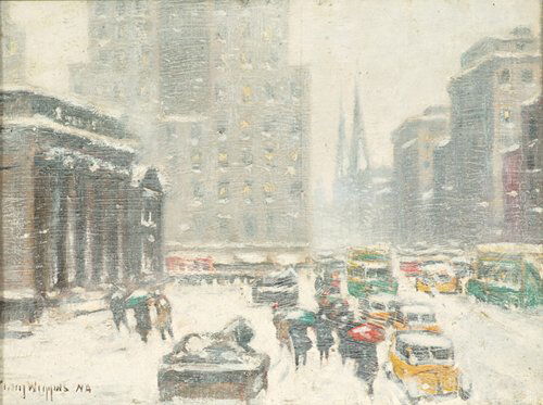 GUY CARLETON WIGGINS (American 1883-196: GUY CARLETON WIGGINS (American 1883-1962) "THE PUBLIC LIBRARY, NEW YORK" signed "Guy Wiggins NA" bottom left, signed and titled verso, oil on canvasboard 12 x 16 in. (30.5 x 40.6 cm). Provenance: The