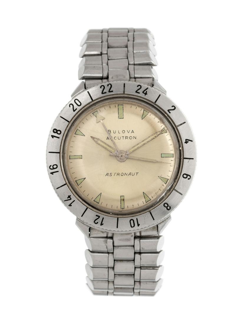 Bulova, Stainless Steel 'Accutron Astronaut': Bulova, Stainless Steel 'Accutron Astronaut' Wristwatch, Circa 1966 38.00 mm case diameter, matte silvered dial signed BULOVA ACCUTRON ASTRONAUT, luminous baton and arrow numerals, luminous steel skel