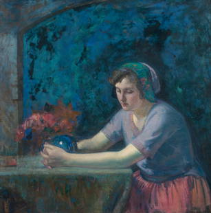 Myron Barlow (American, 1873-1937) The Crystal Ball: Myron Barlow (American, 1873-1937) The Crystal Ball oil on canvas signed M. Barlow (lower left) 34 ½ x 25 ½ inches. Provenance: Property from the Helen Simons Trust, Chicago, Illinois