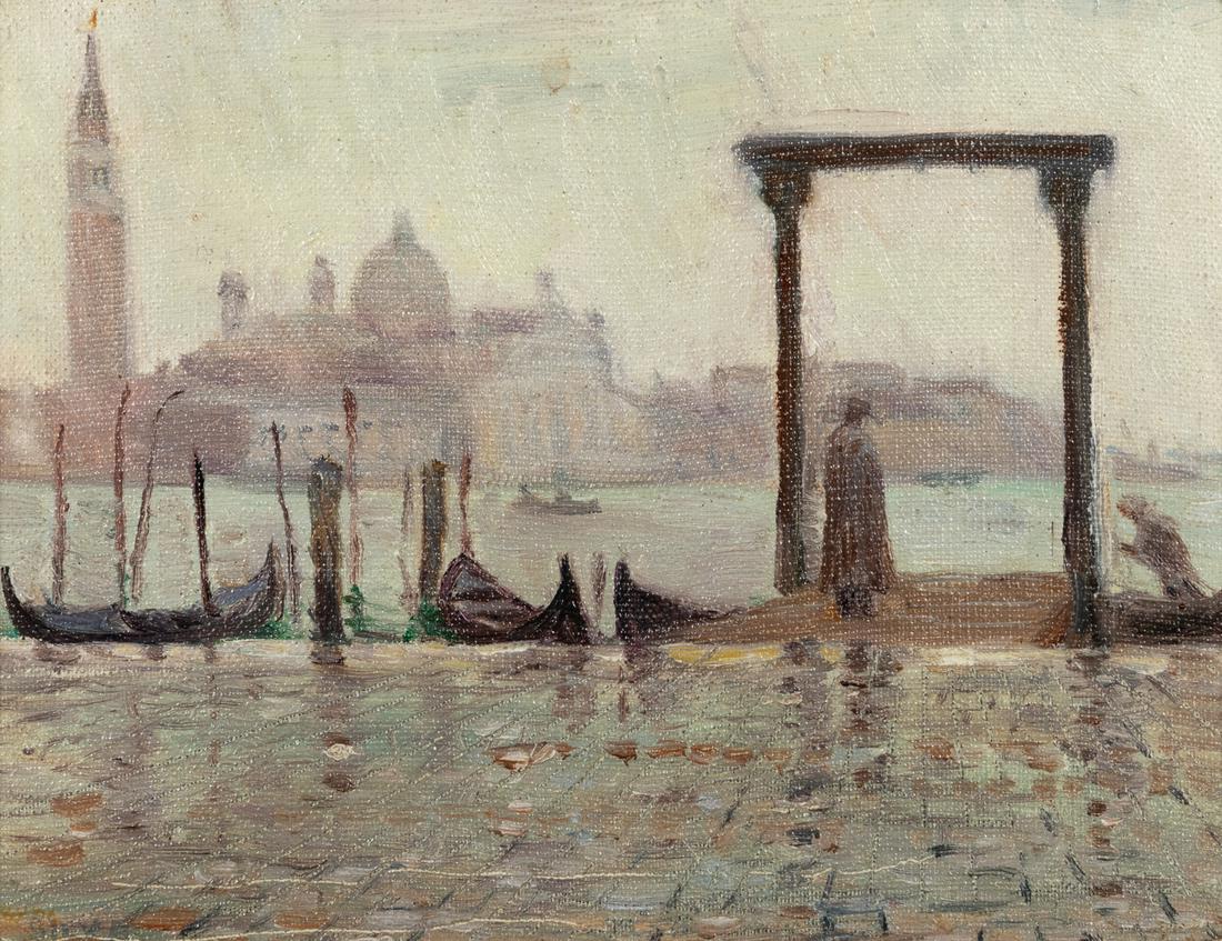 William Posey Silva (American, 1859-1948) Landing: William Posey Silva (American, 1859-1948) Landing (Venice) oil on panel signed Silva (lower left) 6 x 8 inches. Provenance: Provenance: Abbott Silva, son of the artist Carmelita Art Gallery, Carmel, C