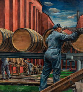 Zoltan Sepeshy (Hungarian/American, 1898 - 1974): Zoltan Sepeshy (Hungarian/American, 1898 - 1974) Barrels Rolling into the Rackhouse oil on canvas signed Z. Sepeshy (lower left) 37 x 34 inches. Provenance: