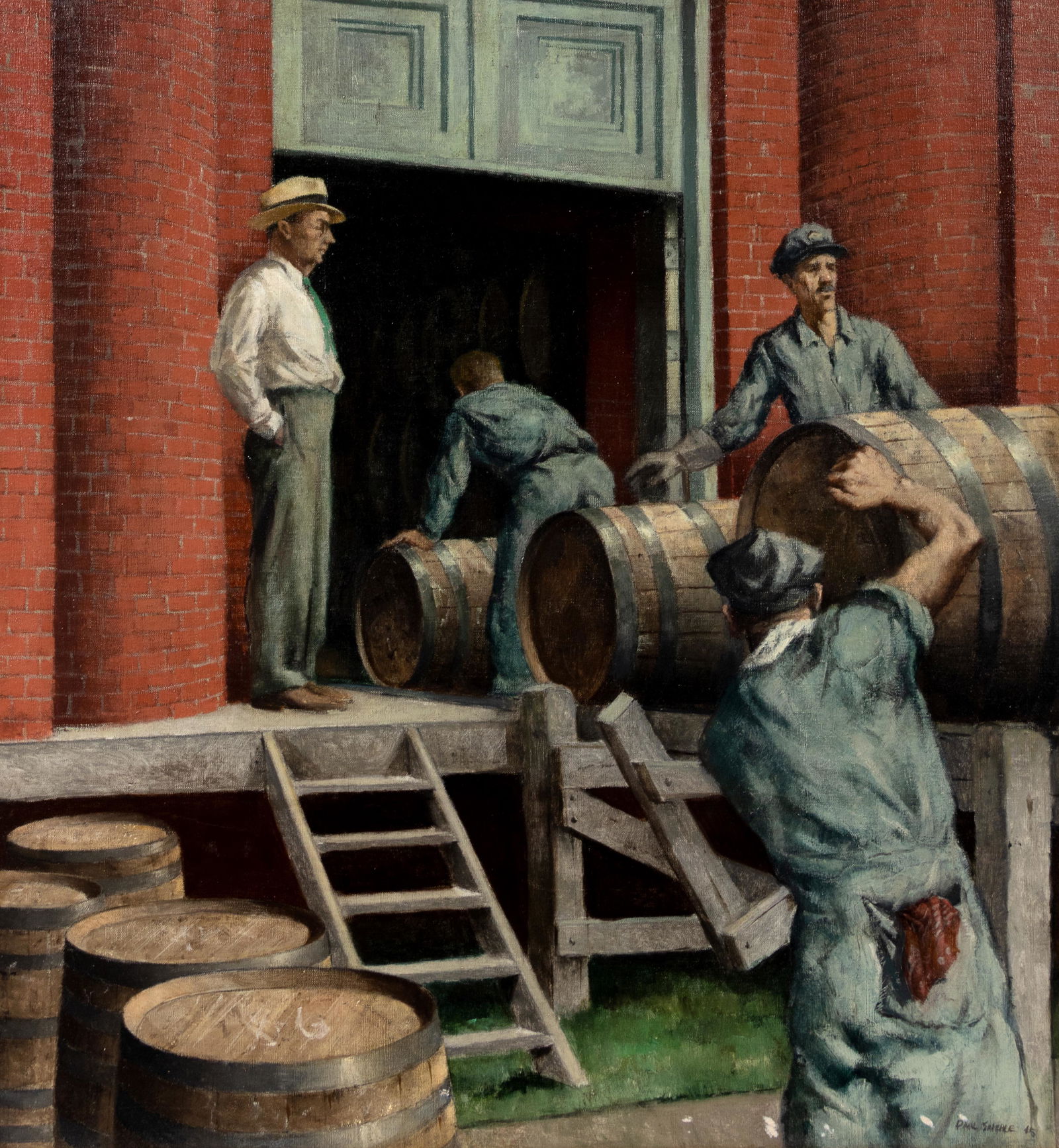 Paul Sample (American, 1896 - 1974) Rolling Barrels: Paul Sample (American, 1896 - 1974) Rolling Barrels into the Rackhouse, 1945 oil on canvas signed Paul Sample and dated (lower right) 37 x 34 inches. Provenance: