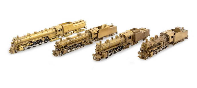 A Group of Four Japanese Brass HO-Gauge Locomotives and: A Group of Four Japanese Brass HO-Gauge Locomotives and Tenders comprising a United Scale Models 2-10-0, United Scale Models 4-6-2, United Scale Models 2-8-2 and a Toby 4-8-4 example, each wit