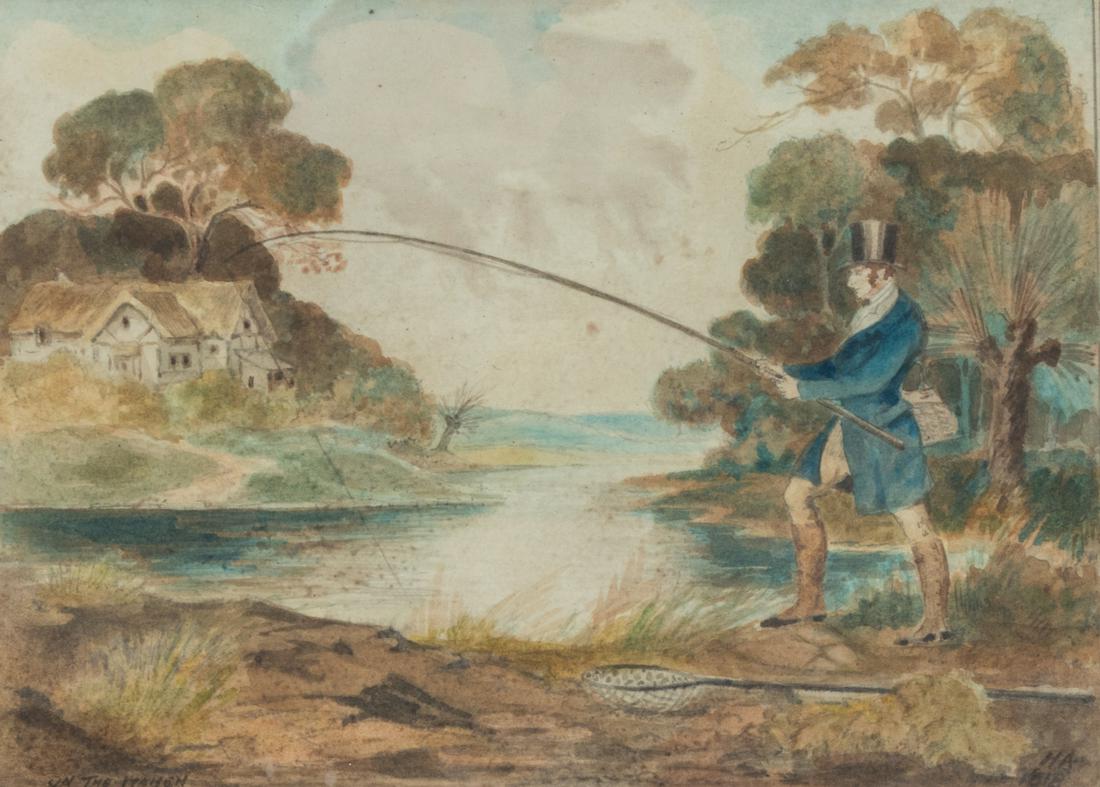 Attributed to Henry Thomas Alken, Sr. Pike Fishing: Attributed to Henry Thomas Alken, Sr., (British, 1785-1851)Pike Fishing, on the Itchen, 1818watercolorsigned HA 1818 lower right, titled lower center and left7 x 9 1/8 inches.