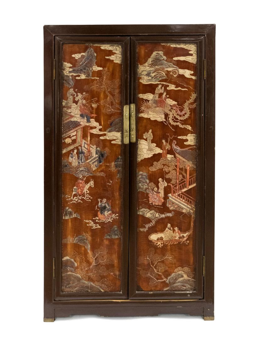 A Pair of Chinese Two-Door Brown Lacquered Cabinets (1 of 2)
