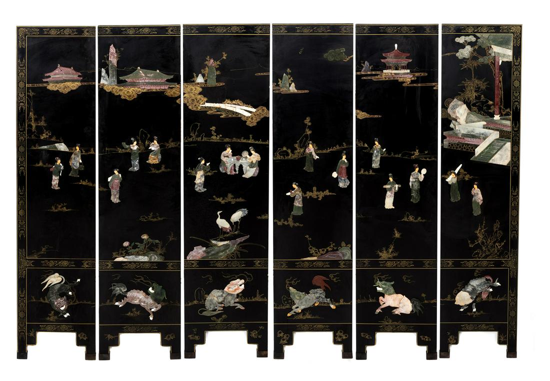 A Chinese Black Lacquer Six-Panel Floor Screen Height (1 of 1)