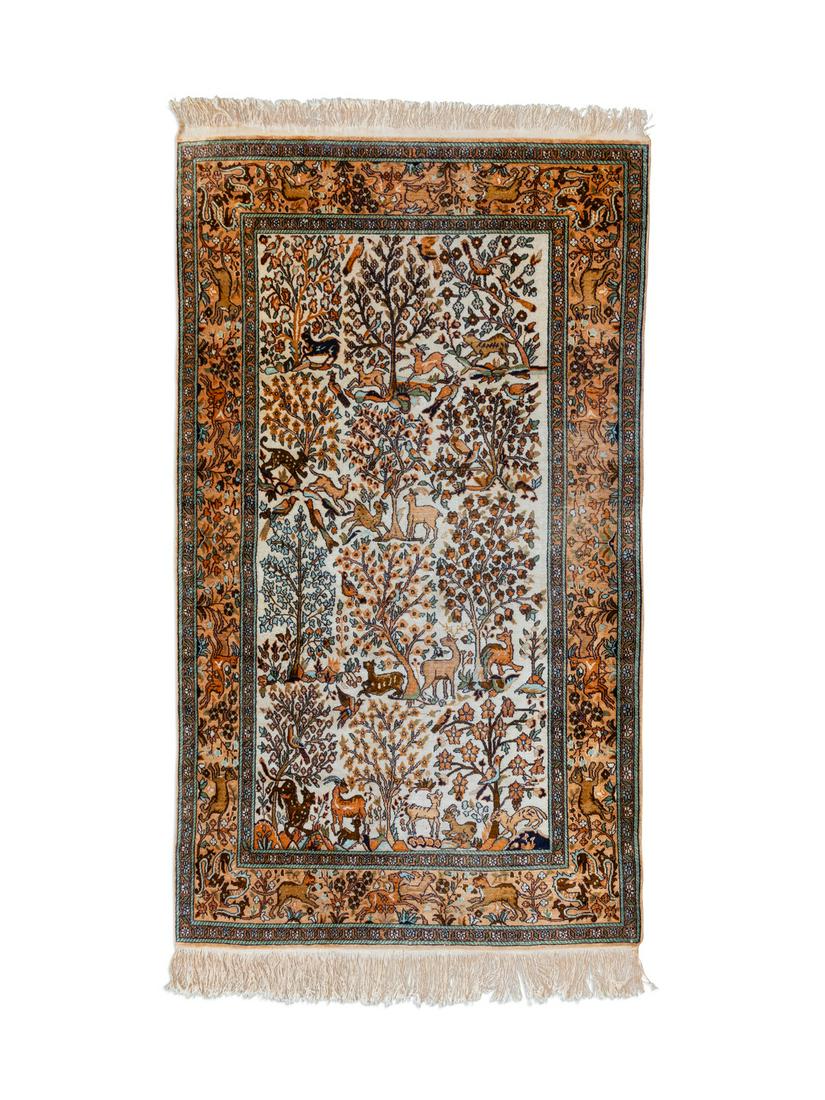 A Kashmir Pictorial Silk and Cotton Rug 6 feet 2 inches: A Kashmir Pictorial Silk and Cotton Rug 20TH CENTURY 6 feet 2 inches x 4 feet.