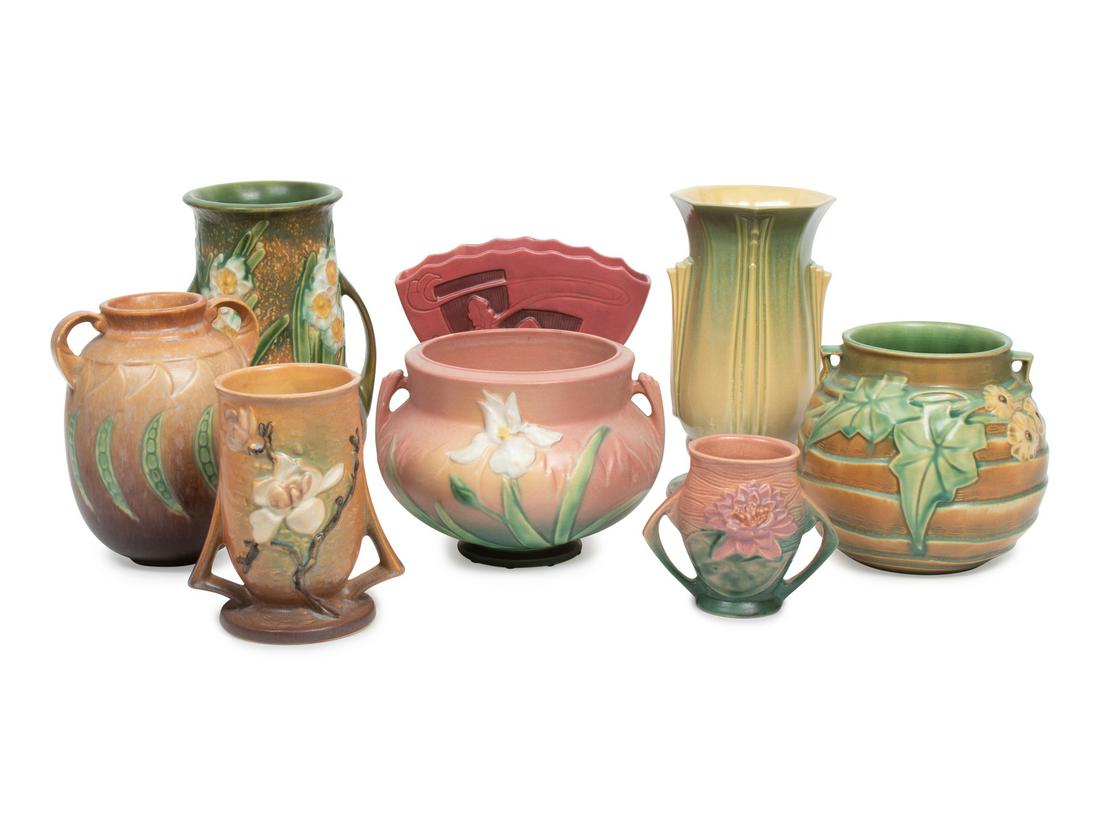 A Group of Eight Roseville Pottery Vases Height of (1 of 1)