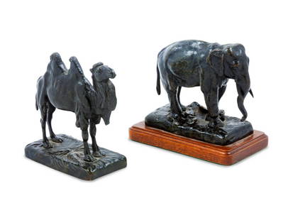 After Alfred Barye Height of each 4 3/4 inches.: After Alfred Barye (French, 1839-1882) two statues depicting an elephant and a camel. Height of each 4 3/4 inches. Provenance: Property from the Collection of Marianne Moore, St. Louis, Missouri