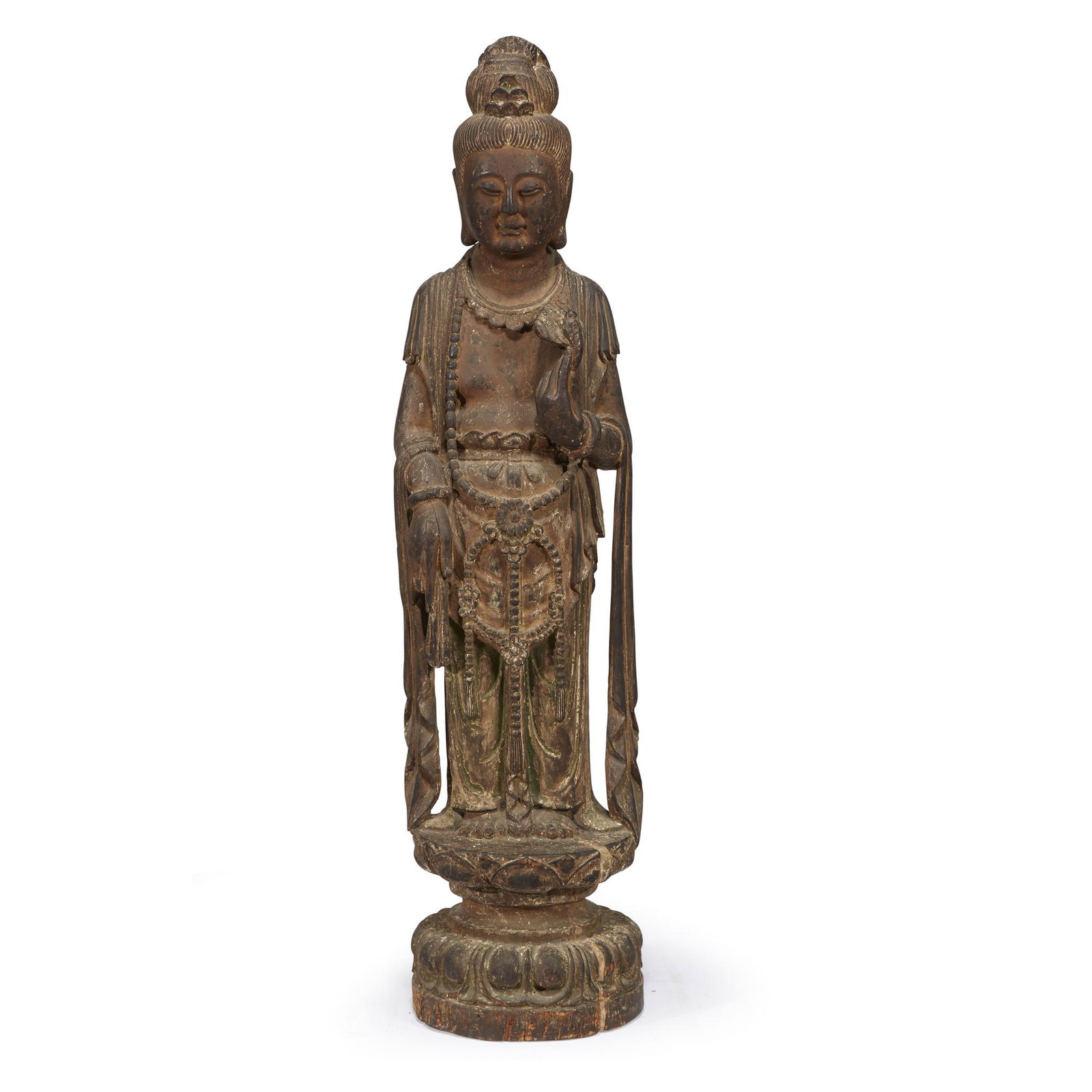 A Chinese carved and painted wood Bodhisattva,: A Chinese carved and painted wood Bodhisattva. Depicted standing with a lotus stem in her left hand, adorned in a flowing robe with a strand of malas around her neck, atop a lotus petal base. H: 51 in