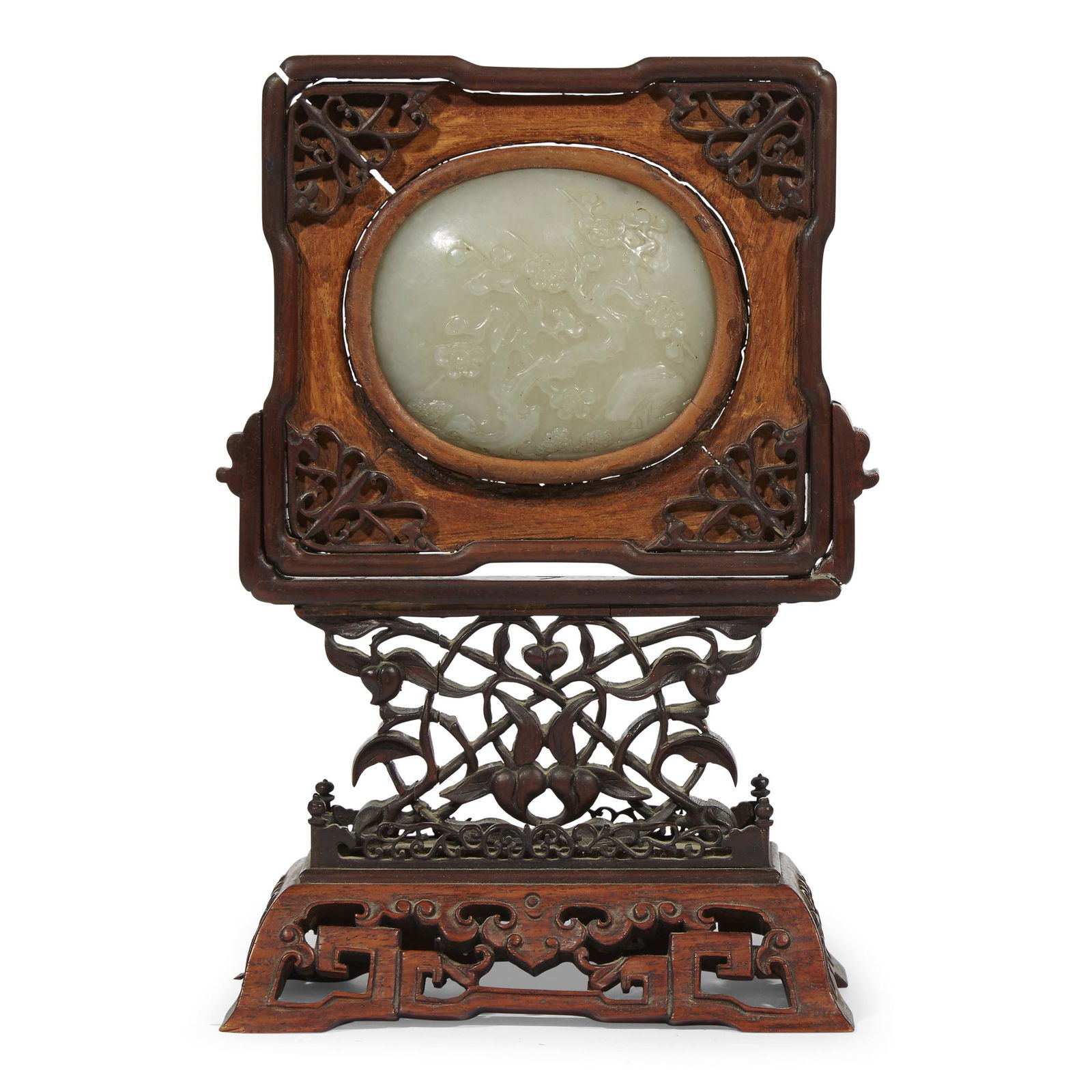 Chinese carved jade plaque in later carved wood stand, (1 of 2)