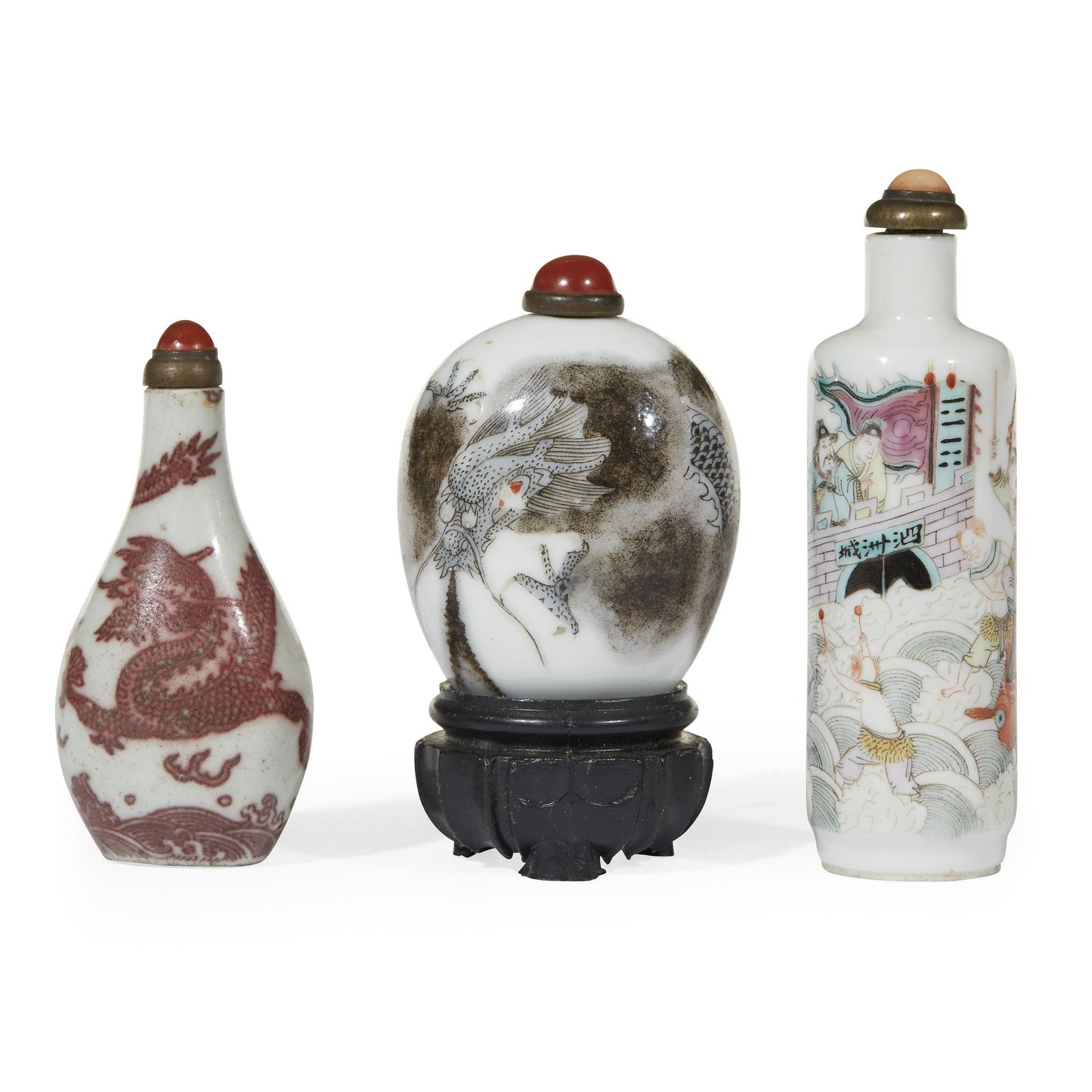 Three Chinese enameled porcelain snuff bottles, 18th to (1 of 2)