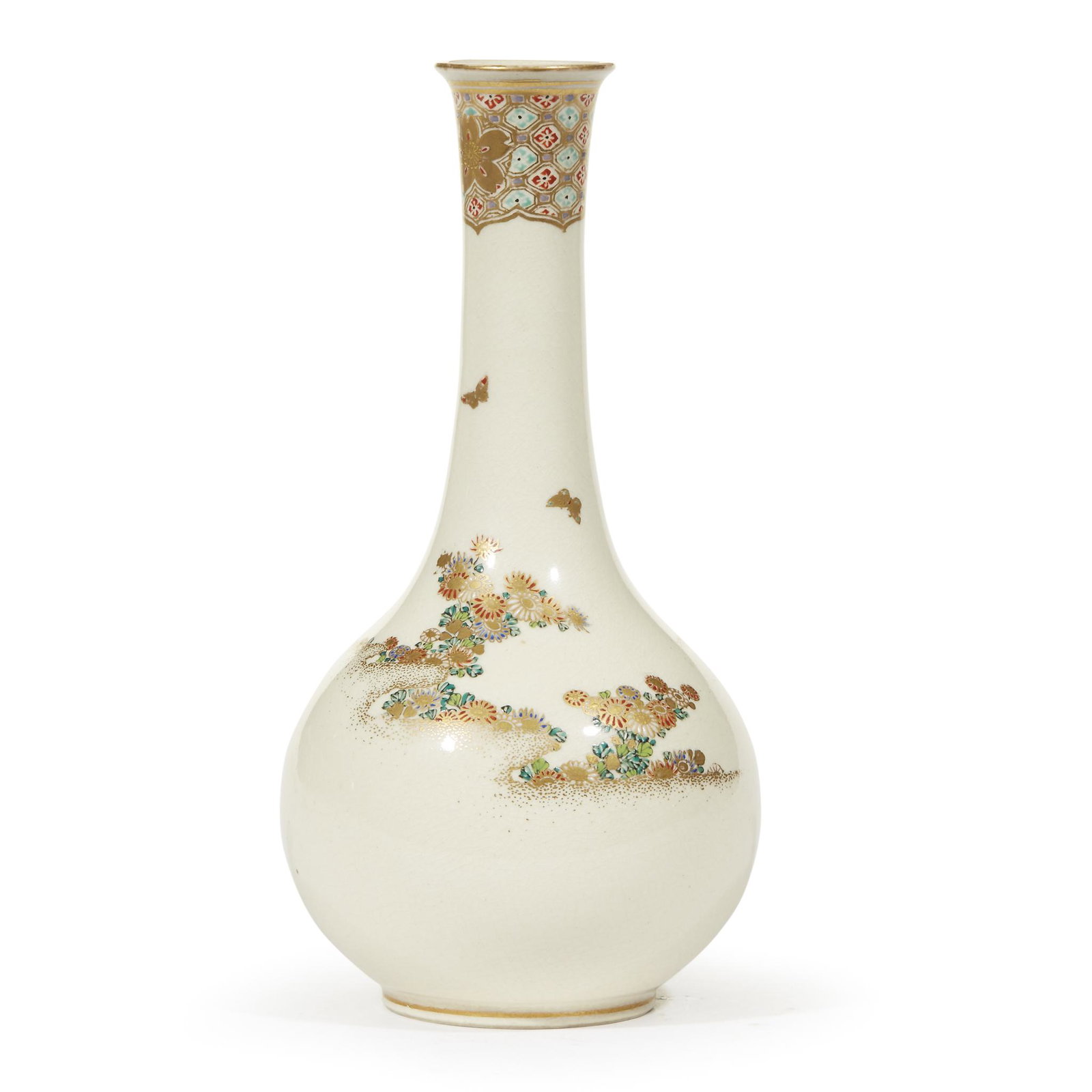 A Japanese Satsuma-type enameled earthenware: A Japanese Satsuma-type enameled earthenware "Butterflies and Chrysanthemums" vase, Tozanmeiji period. Underside signed. H: 7 1/4 in.