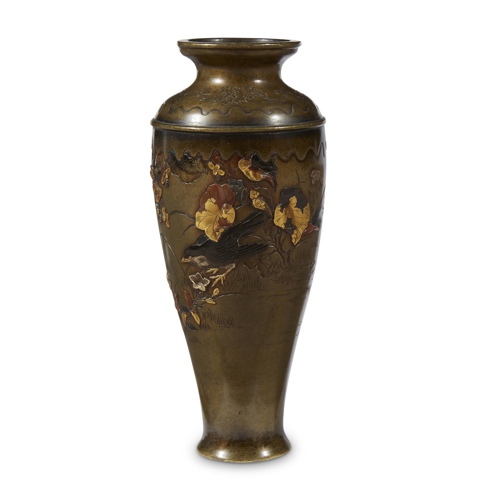 A Japanese mixed metal "Sparrows" cabinet vase, meiji: A Japanese mixed metal "Sparrows" cabinet vasemeiji period. The body decorated with fishing birds among colorful foliage, the underside signed "Ikko-do Unryu saku". H: 6 in.