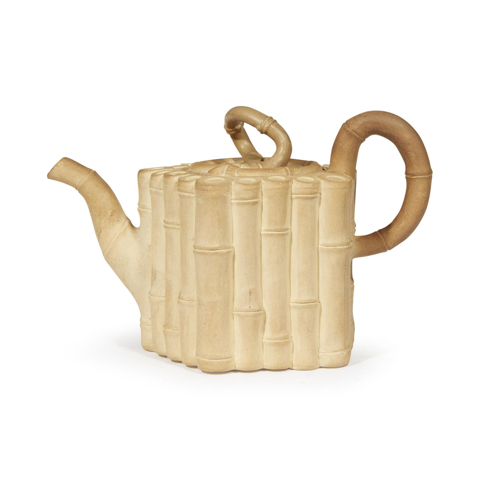 A Wedgwood & Bentley caneware 'bamboo' teapot, 18th: A Wedgwood & Bentley caneware 'bamboo' teapot 18th century. The underside with impressed "Wedgwood & Bentley" mark. H: 5 3/4, L: 7 1/4 in. PROVENANCE: Property from the collection of Mr. and Mrs. Will