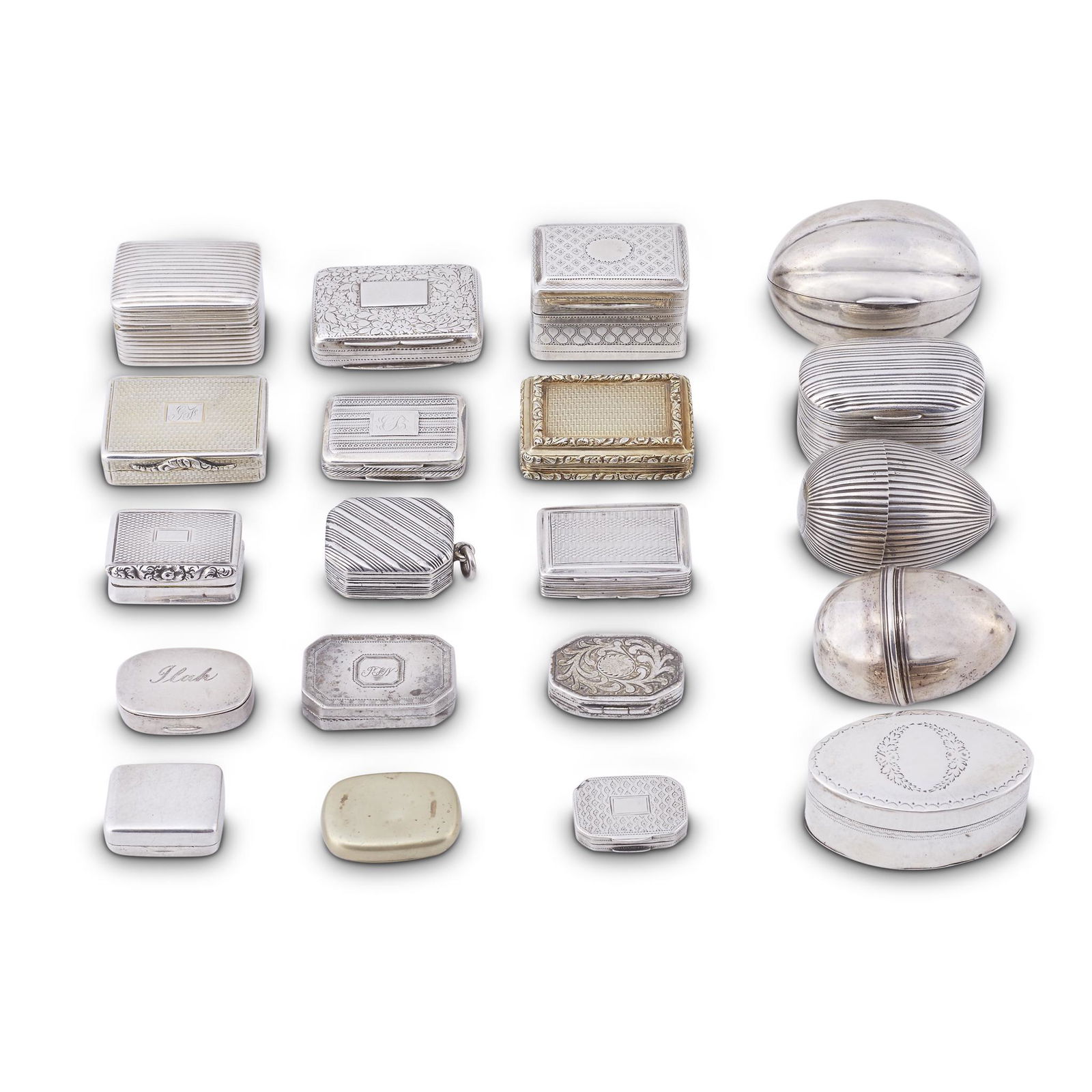 A group of English sterling silver and Continental: A group of English sterling silver and Continental silver nutmeg gratersvarious makers, various dates 18th/19th century. Comprising sixteen sterling silver nutmeg graters together with four silver nut