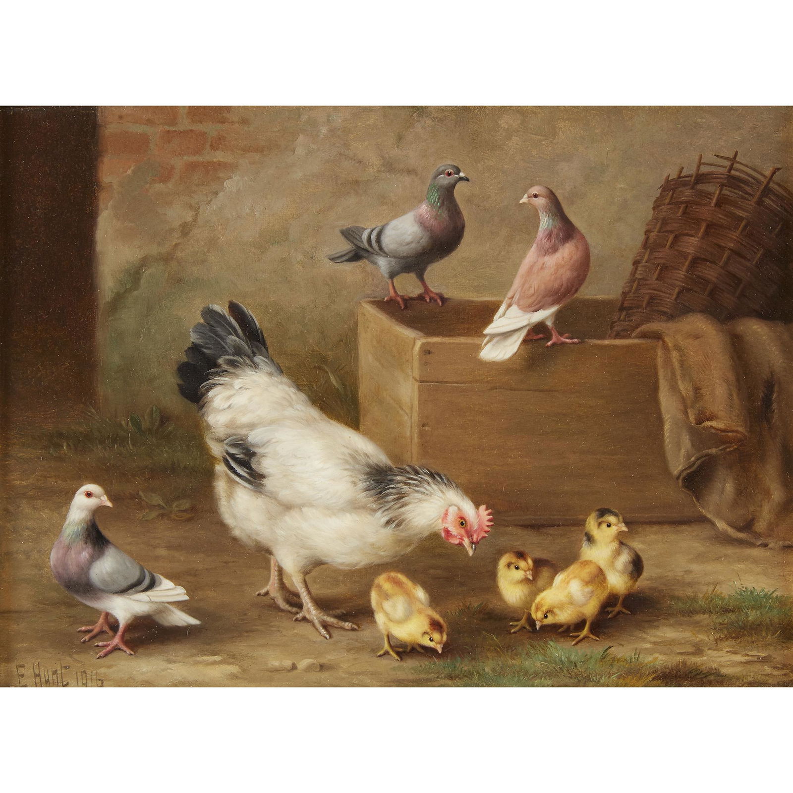 EDGAR HUNT, (BRITISH 1876-1953), HEN, CHICKS AND THREE: EDGAR HUNT (BRITISH 1876-1953) HEN, CHICKS AND THREE PIGEONS Signed and dated 'E. Hunt 1916' bottom left; also with preparer's stencil verso, oil on canvas 8 x 11 in. (20.3 x 27.9cm) PROVENANCE: MacCo