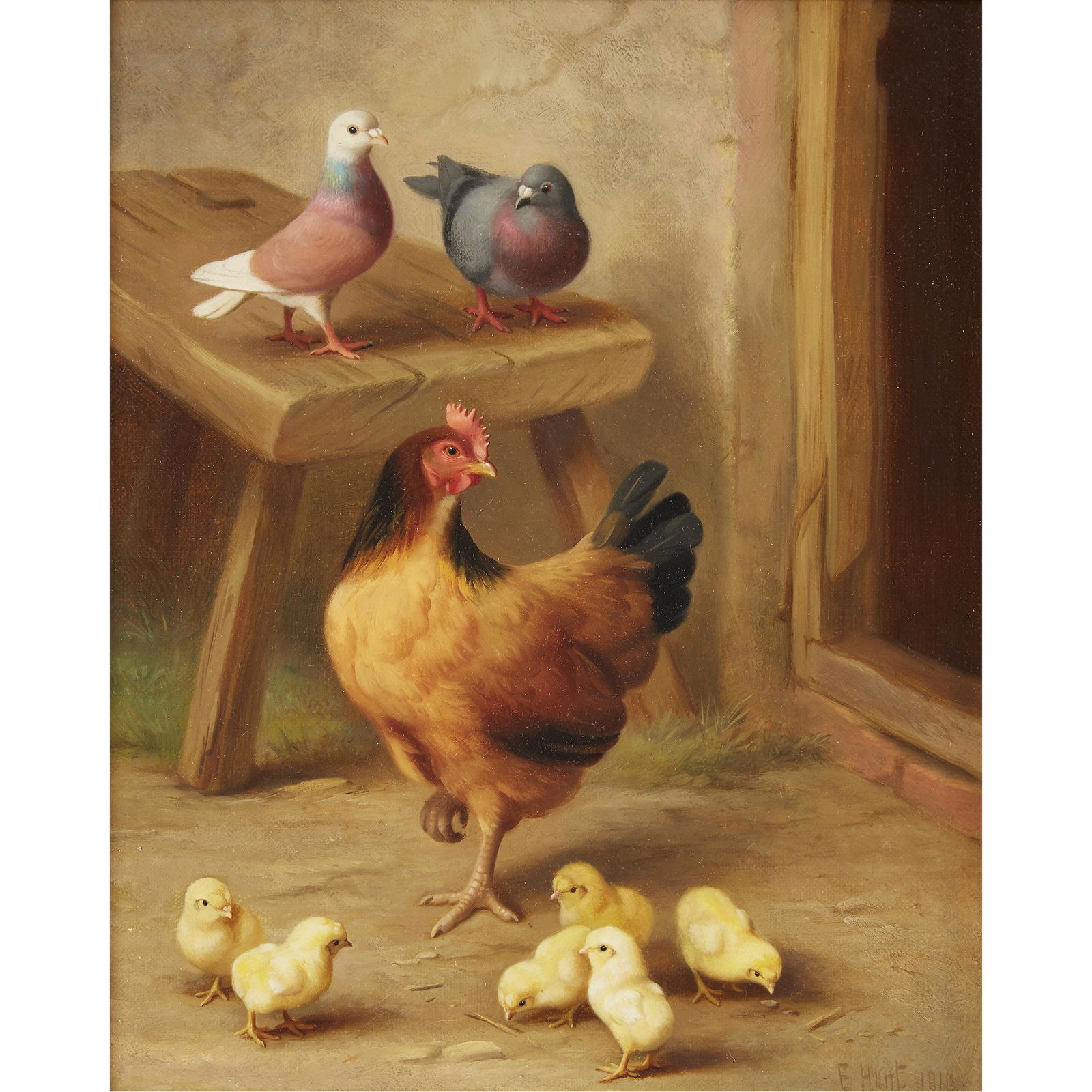 EDGAR HUNT, (BRITISH 1876-1953), CHICKENS AND PIGEONS: EDGAR HUNT (BRITISH 1876-1953) CHICKENS AND PIGEONS OUTSIDE A BARN Signed and dated 'E. Hunt 1918' bottom right, oil on canvas 12 x 9 7/8 in. (30.5 x 25.1cm) PROVENANCE: Richard Green Fine Paintings,
