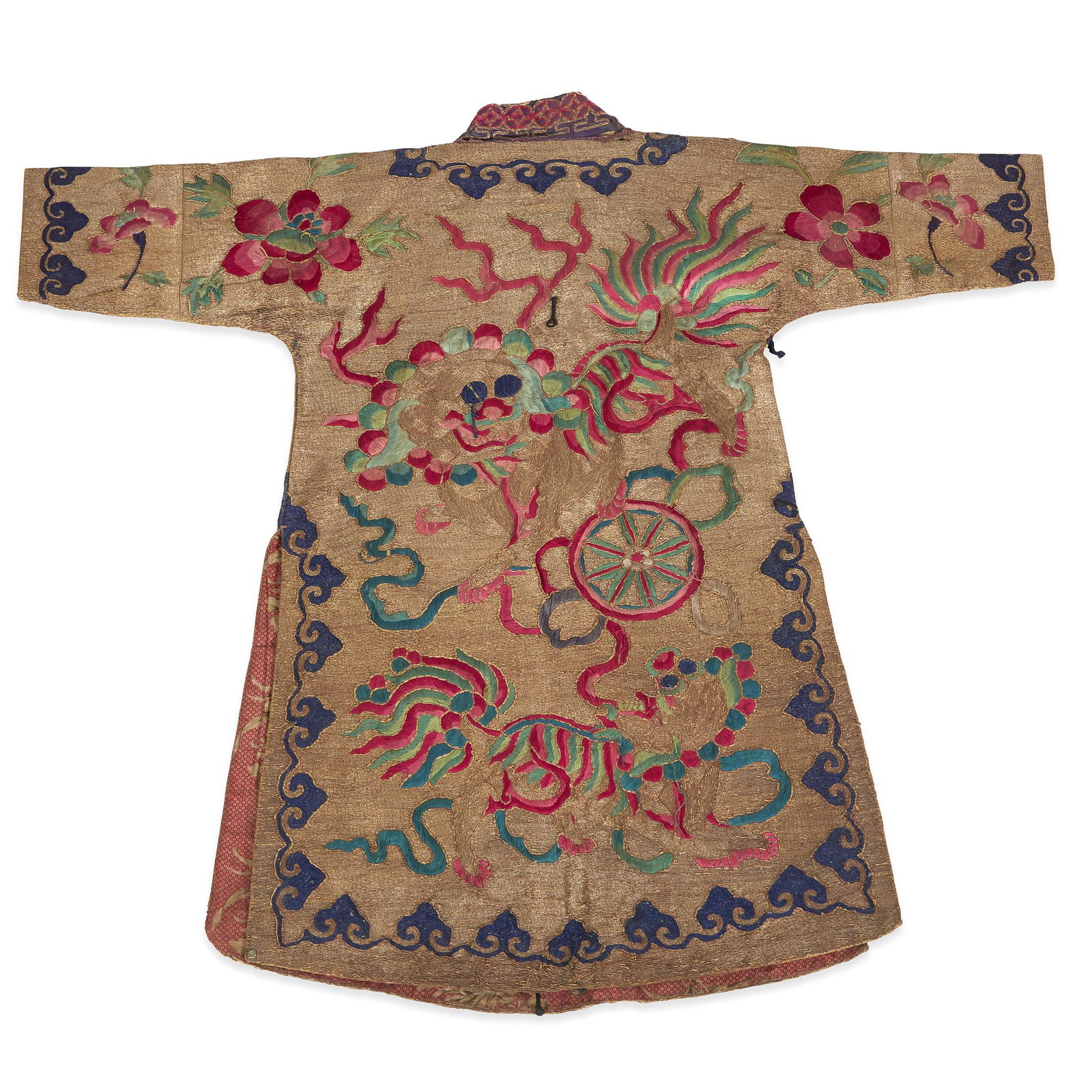 A densely-embroidered small robe, 19th/early 20th: A densely-embroidered small robe 19th/early 20th century. Embroidered with Buddhist lions, peonies, cash borders, all against a dense couched gold ground, interior lined with printed cotton. L: 43 in.