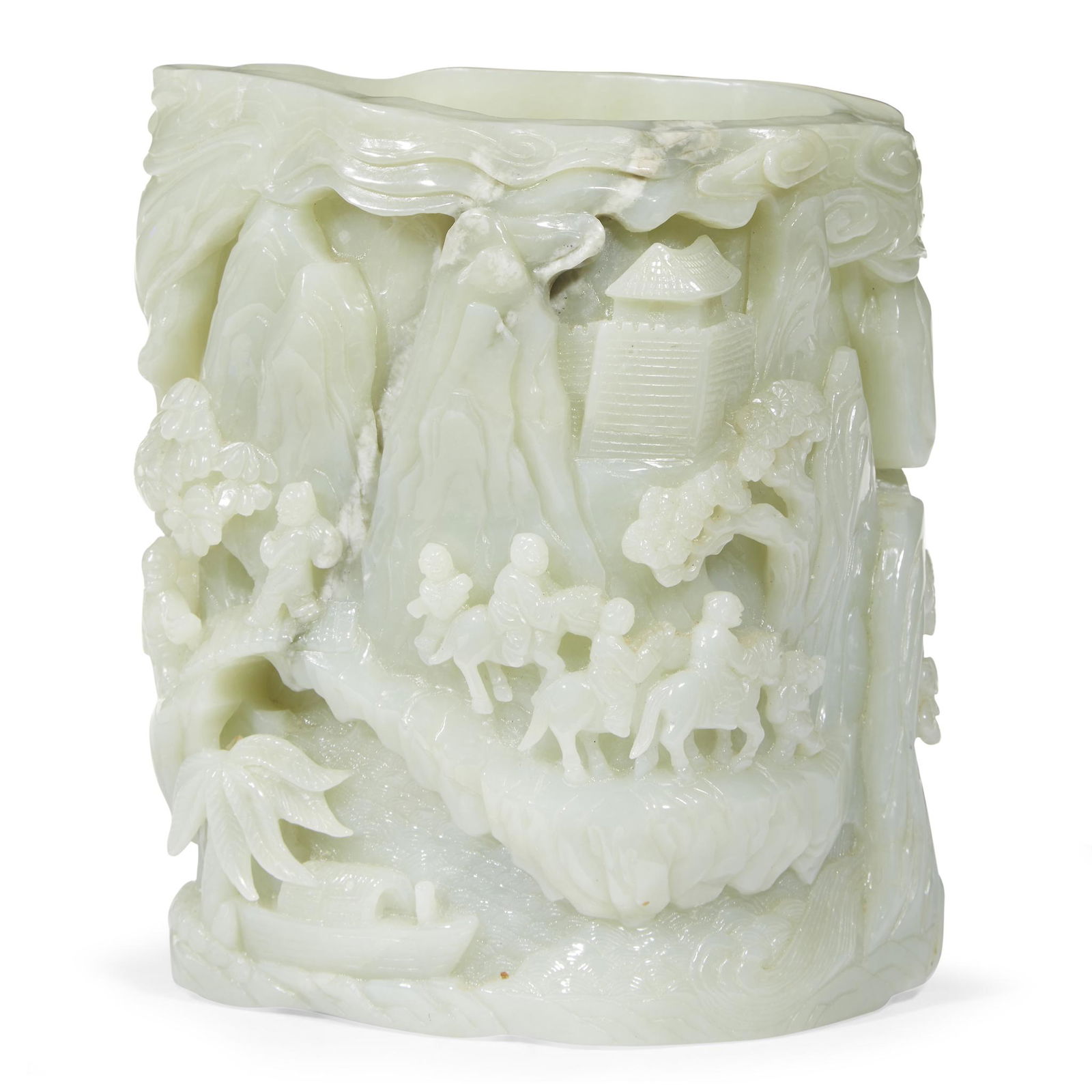 A Chinese carved pale celadon jade brushpot, 20th (1 of 3)