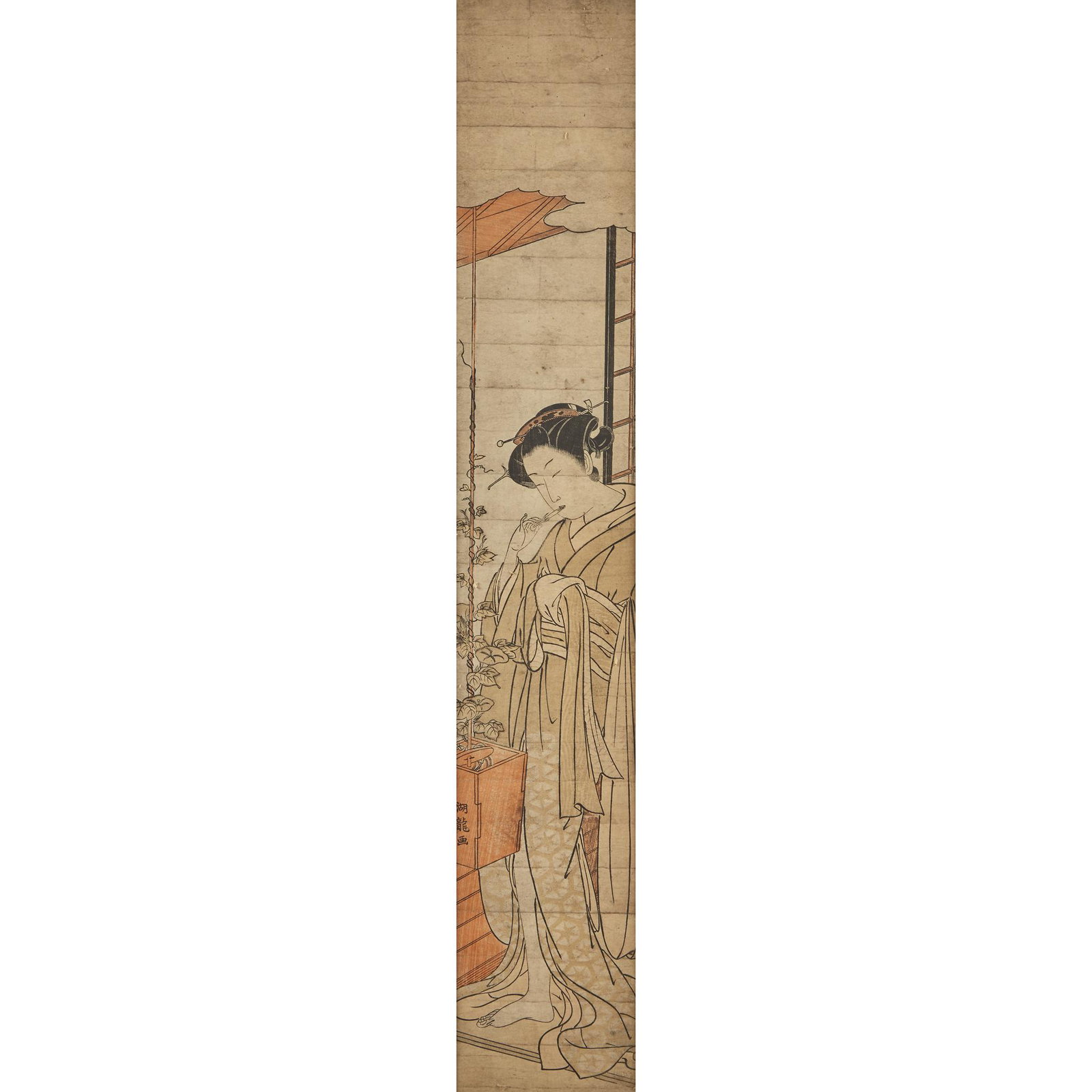 ISODA KORYUSAI (1735-1790), circa 1775 or later: ISODA KORYUSAI (1735-1790) circa 1775 or later YOUNG WOMAN ADMIRING MORNING GLORIES Woodblock printed in colors with embossing, framed, matted and glazed. H: 26 1/2, W: 4 1/2 in.