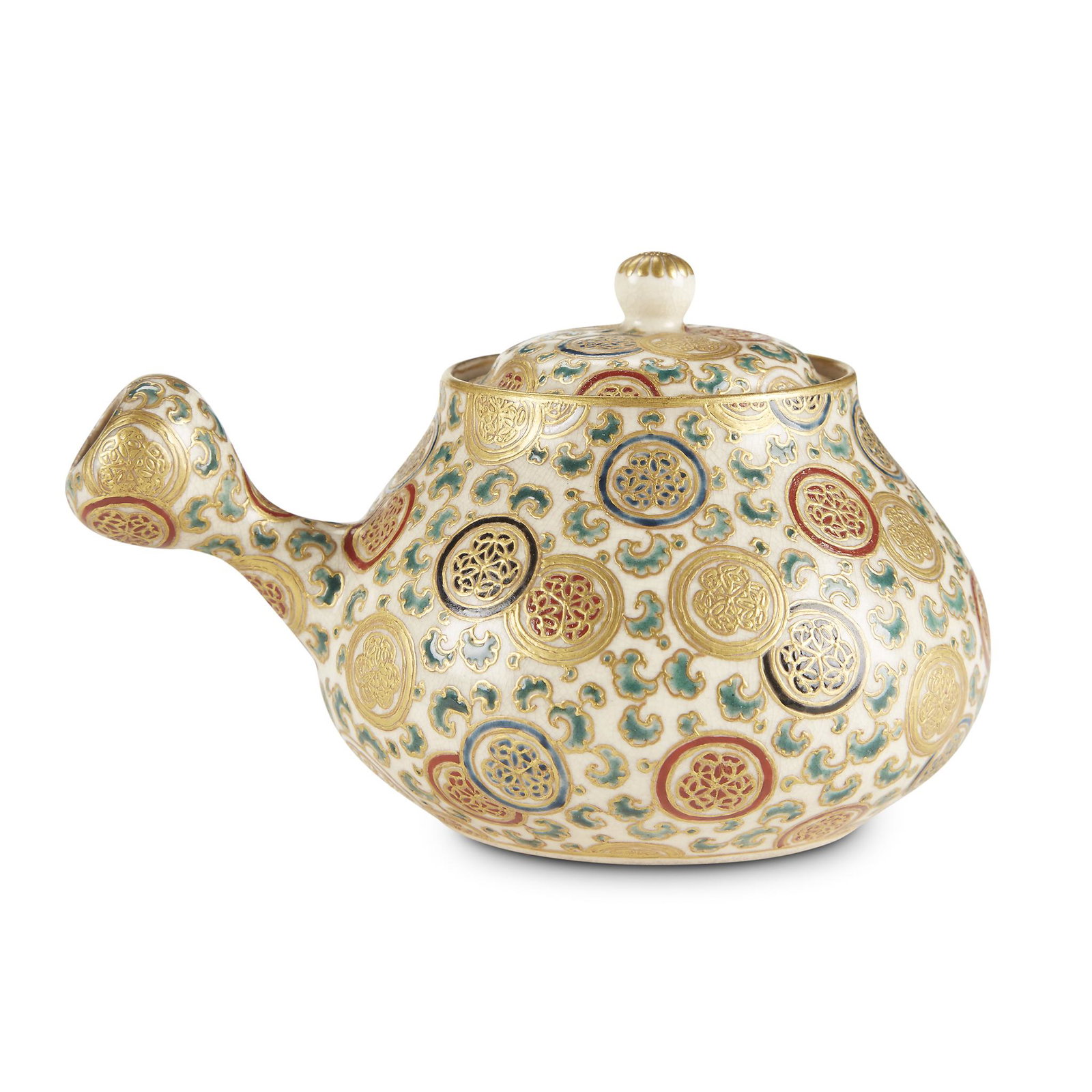 An enameled Satsuma-type teapot and cover, decorated: An enameled Satsuma-type teapot and cover, decorated with medallions, signed Tomonubu Meiji period, last quarter 19th century. Bearing a maker's signature and kao to underside. H: 3 in.