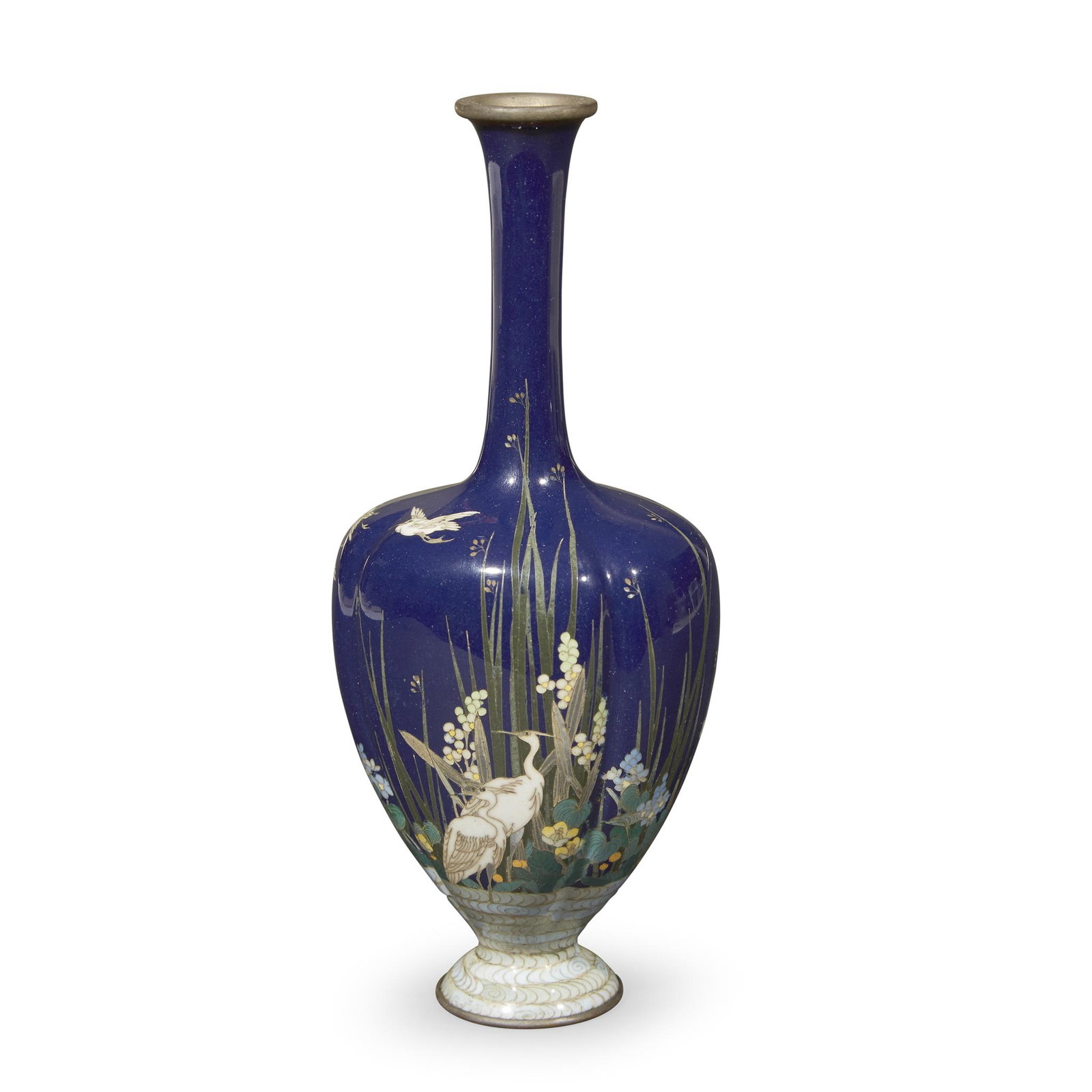 A Japanese cloisonné lobed "Egrets and Waterflowers": A Japanese cloisonné lobed "Egrets and Waterflowers" cabinet vase Meiji period, late 19th/early 20th century H: 7 3/4 in. PROVENANCE: Property from a Mid-Atlantic Institution.