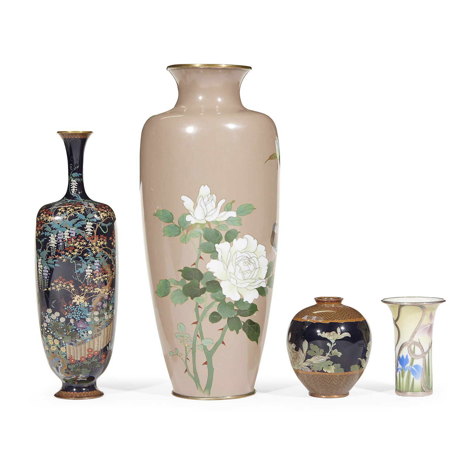 Three Japanese cloisonné vases and a small silver (1 of 1)