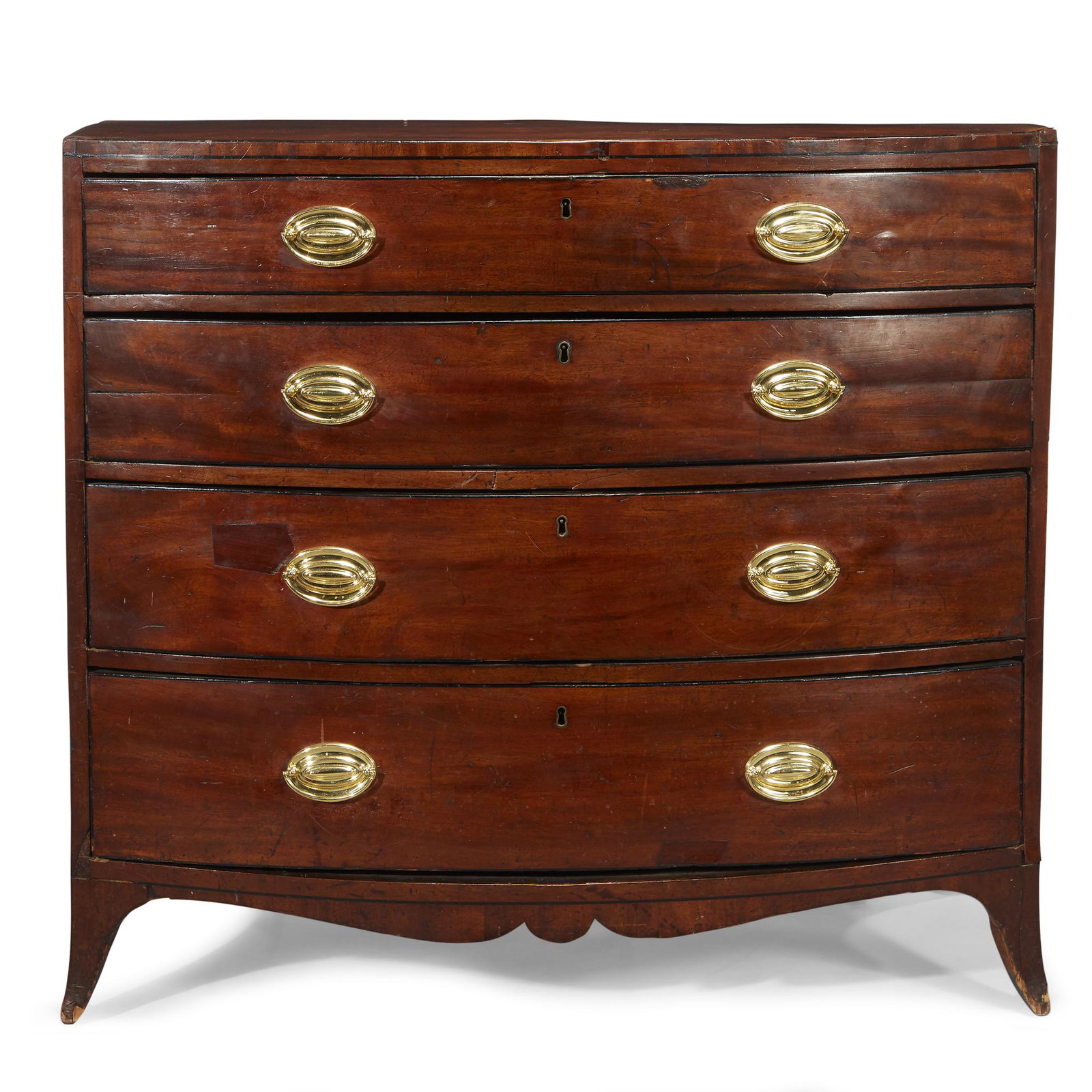 A George III mahogany bowfront chest of drawers, circa: A George III mahogany bowfront chest of drawers, circa 1800. H: 36, W: 39, D: 21 in. PROVENANCE: The estate of a Virginia collector.