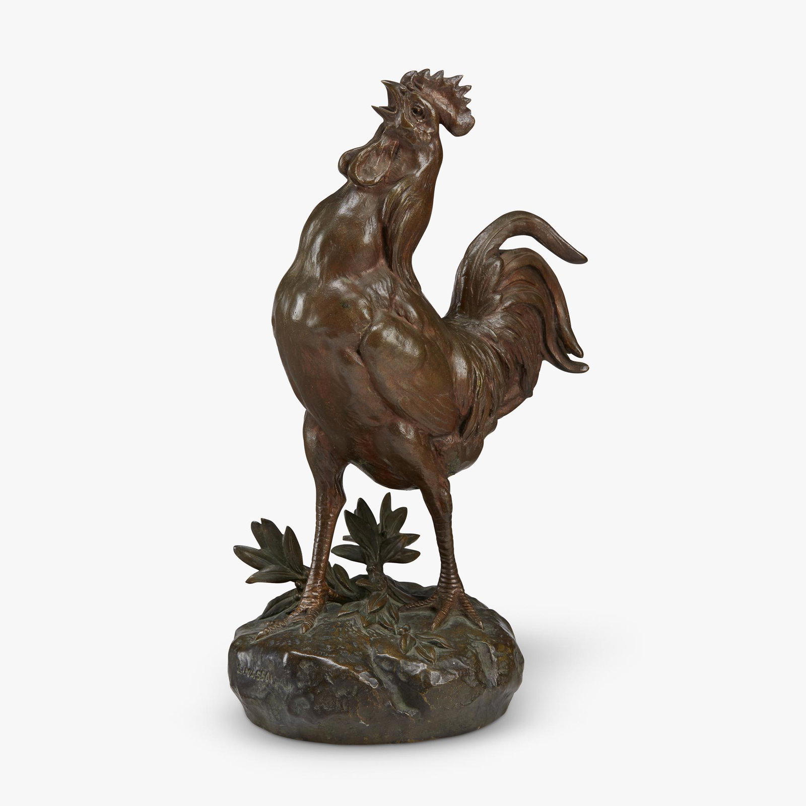 After Jules Edmond Masson (French, 1871-1932), Le coq: After Jules Edmond Masson (French, 1871-1932)Le coqBronze, warm brown patina, signed 'L. Masson' in cast, with intertwined initials 'MJ' and number '20' stamp. H: 13, W: 8 1/2, D: 5 1/2 in. PROVENANCE