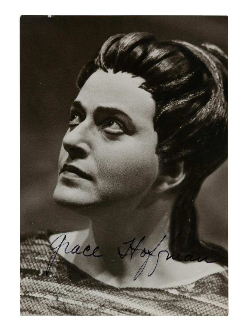 HOFFMAN, Grace (1921-2008). Black and white: HOFFMAN, Grace (1921-2008). Black and white photographic postcard signed ("Grace Hoffman"), 1961. 5 11/16 x 4 in. Showing Grace Hoffman as Waltraute in Richard Wagner's Gotterdammerung. Provenance: