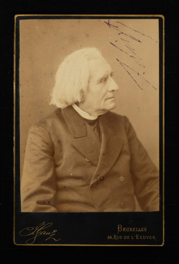 LISZT, Franz Liszt (1811-1886). Cabinet photograph,: LISZT, Franz Liszt (1811-1886). Cabinet photograph, signed ("F. Liszt"), n.d. 6 1/2 x 4 1/4 in (visible area), matted and framed (not examined out of frame). Provenance: The Virtuoso Collection: O