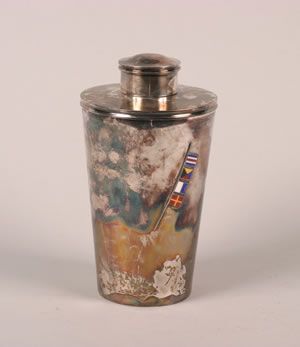 A Danish Silver Martini Shaker, A. Michelsen, Cope: A Danish Silver Martini Shaker, A. Michelsen, Copenhagen, 1946, enamelled with nautical flags spelling out CZAR, marked with maker's mark, town and date mark, assay master mark, and date mark; approxi