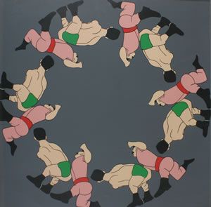 John Wesley, (American, b. 1928), Wrestlers (from: John Wesley (American, b. 1928) Wrestlers (from Panoply) color screenprint signed in pencil "John Wesley '71" (lower left) 29 1/2 x 29 1/2 inches. Provenance: Property from the Irving and Hilda Solomo